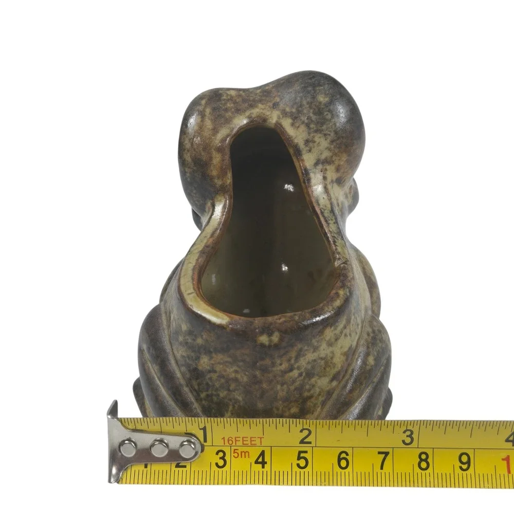 Vtg 70s Big Eyed Frog Glazed Pottery Planter Figurine Brown Small Succulent Pot